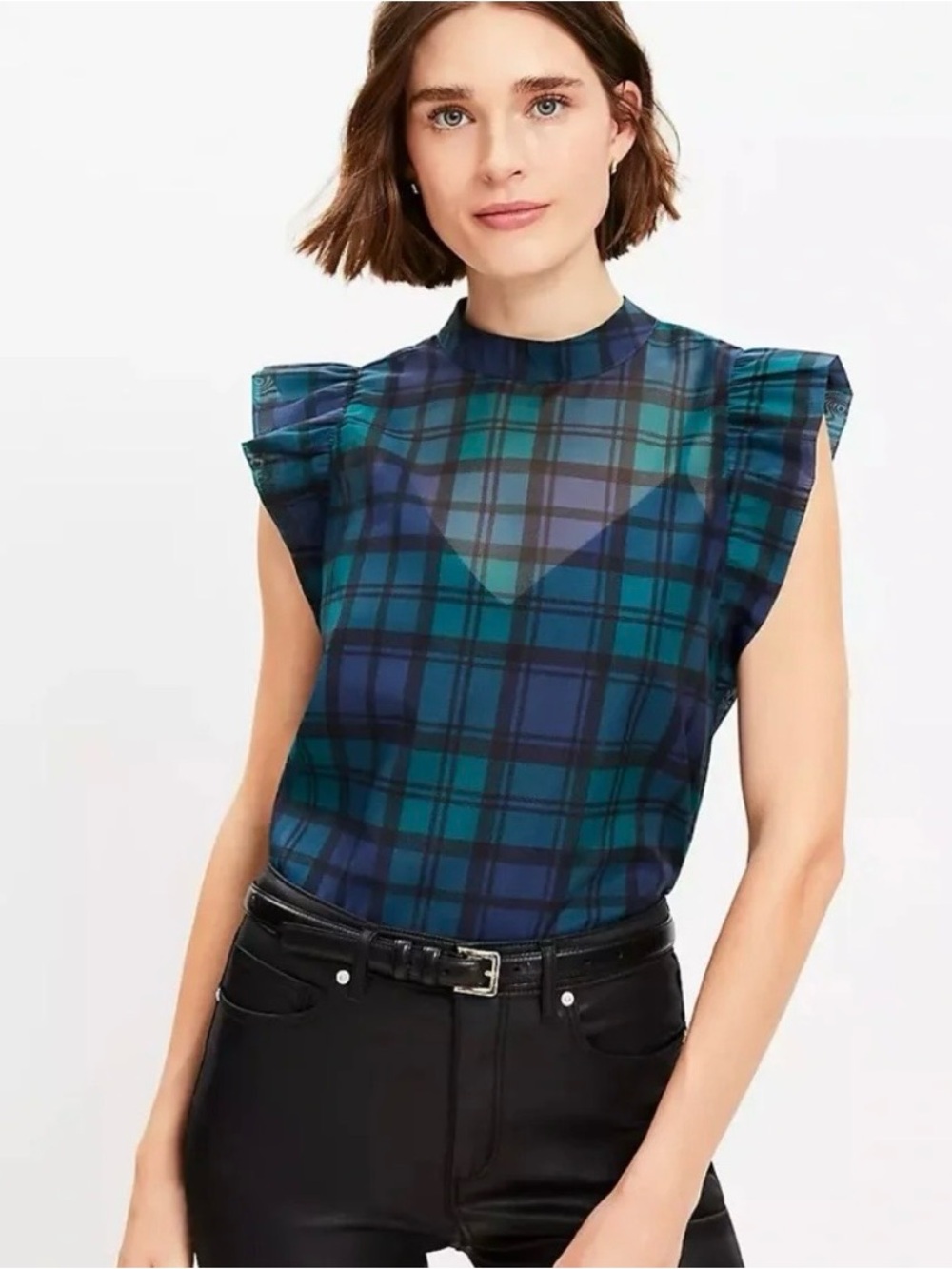 LOFT Teal and Navy Plaid Ruffle Sleeve Top